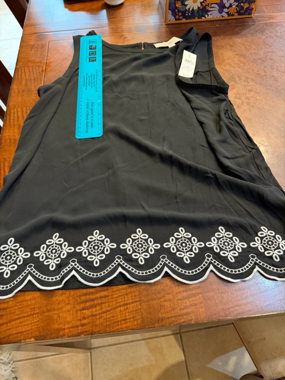Loft Black Sleeveless Blouse with White Embroidered Hem